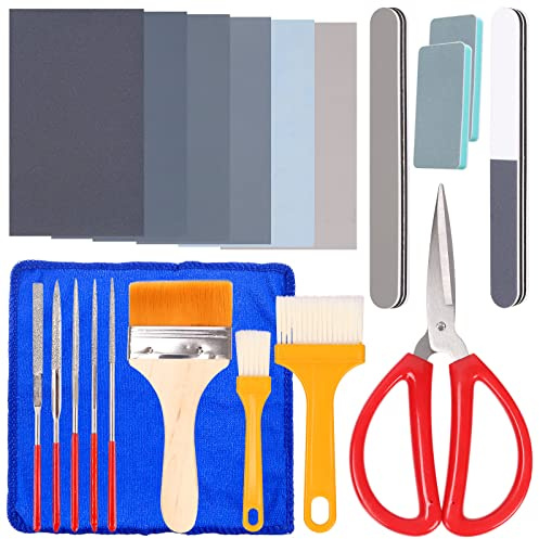 Swpeet 26 st hartspoleringssats, 6 korn 320# 800# 1500# 2500# 5000# 7000# sandpapper, 5 storlekar hartsfil, poleringsblock, sax, poleringsduk, rengöringsborste i trä för polering av harts