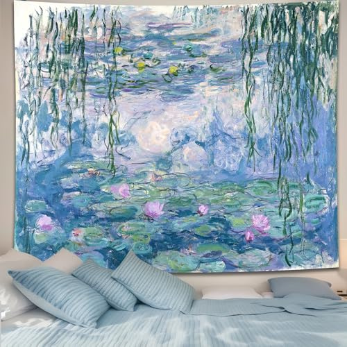 Avinyl blommig gobeläng för sovrum estetisk blå vattenliljor av Monet väggkonst affisch abstrakt natur blomma vägg hängande för vardagsrum sovsal dekor 130 cm x 152 cm