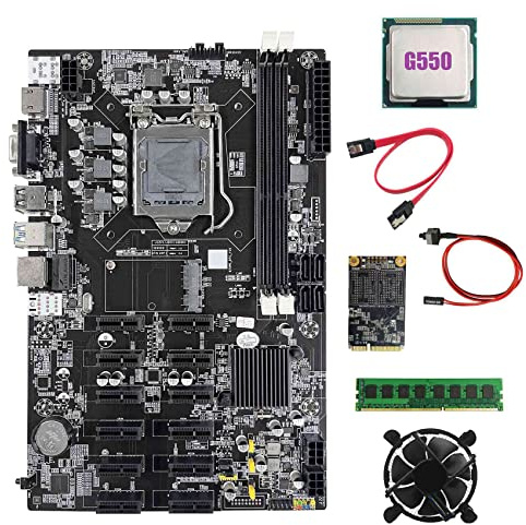 Tweovnai B75 12 PCIE ETH Mining Carte MèRe + G550 CPU + DDR3 4 Go 1600 MHz RAM + 128 Go SSD + Ventilateur + Câble SATA + Switch Cable Miner Carte MèRe