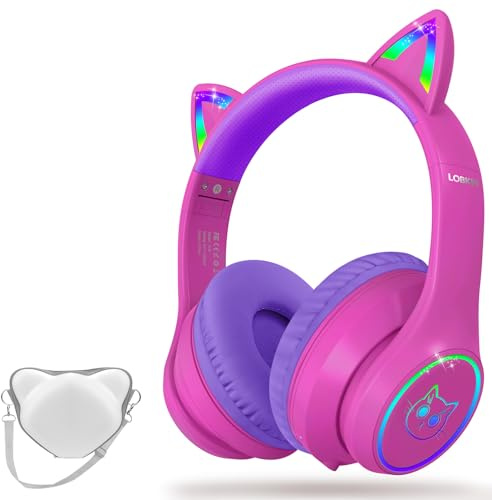 LOBKIN Kinder Kopfhörer mit Tasche, Kopfhörer Kabellos und Kabel Bluetooth 5.4 für Kinder, mit RGB LED-licht Katzenohren Headset,Faltbar Einstellbar Over Ear Kopfhörer für Schule, Reisen