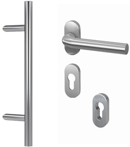 BASI | Komplettset für Haustür aus Edelstahl | Stoßgriff mit Beschlag und Abdeckungen | Haustürgriff Stangengriff | Länge: 600 mm - Abstand: 400 mm