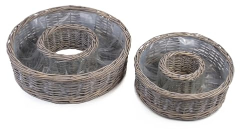 Weide Pflanz-Ringe in grau als wetterfeste Pflanzschalen - 2 runde Pflanzkästen in 40, 50 cm als Blumen-Korb Pflanzkübel für außen - Große Pflanz-Körbe als Blumen-Schale oder Grab-Schmuck