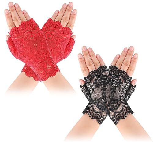 Hsthe Sea 2 pairs of fingerless gloves women's lace gloves short Slice fingerless gloves women girls wedding party tea party accessories
