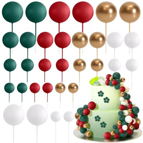 Ledeak 32 Piezas Bolas Decoración para Tartas, Adornos de Bolas para Pasteles Espuma Decoración, Topper Cake Bola Decoración de Inserción de Pastel para Cumpleaños Bodas (Verde, Rojo, Dorado, Blanco)