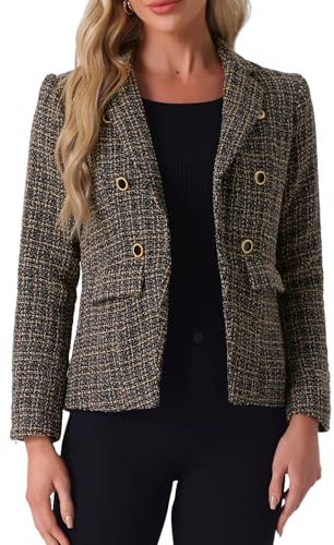 Allegra K Manteau de Veste en Tweed à Carreaux élégant à Manches Longues pour Femmes Kaki Noir M