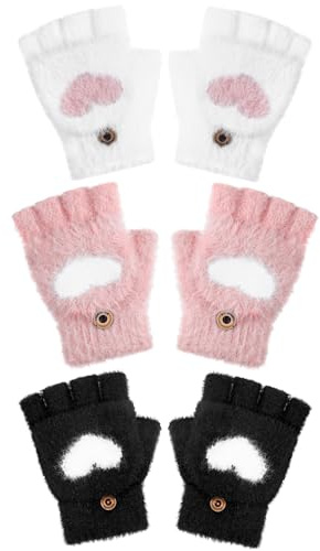 Geyoga 3 Pair Kids Fingerless Gloves for Girls Winter Warm Convertible Flip Top Gloves Heart Half Finger Mitten for Toddler(Black, Pink, White,5-10 Years)