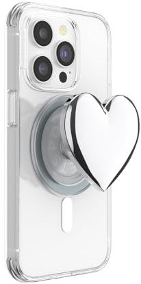 PopSockets Phone Grip for MagSafe with Kickstand, Magnetic Stand, Swappable Top, Secure Hold for iPhone MagSafe Cases, Phone & Tablet Grip - Enamel Silver Heart | Detachable Kindle Android iPhone Magnet Silver 3D Large Large