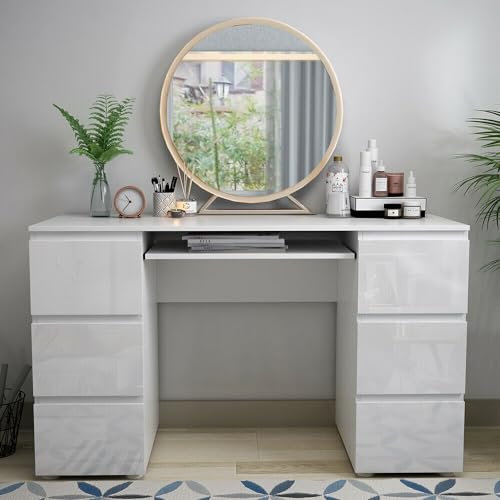 Weißer Hochglanz-Schminktisch mit 6 Schubladen für Home Office, modernes Design, 120 x 50 x 70 cm, PC-Computer-Schreibtisch/Laptop-Studiertisch, Push-Open & Soft-Close-Schubladen