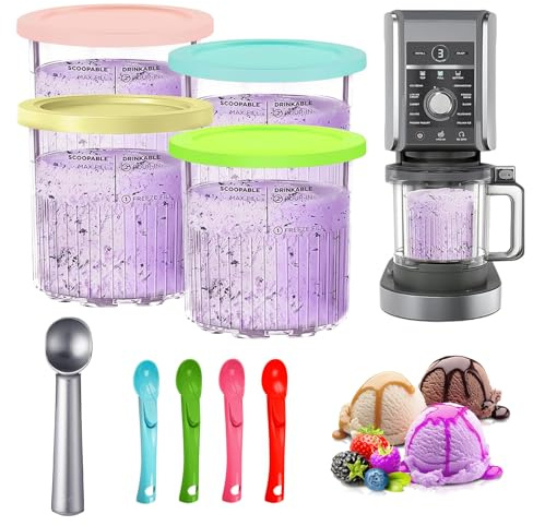 Bailtouk 4 Piezas Recipiente de Helado para Ninja Creami Deluxe Pints, 24 oz Recipientes para Creami con 5 Cuchara, Accesorios para Recipiente para Hacer Helados para NC500 NC501 Serie, Sin BPA