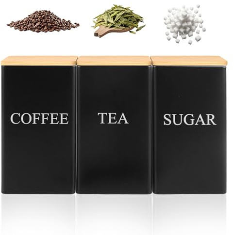 3 Pcs Tea Coffee Sugar Canisters， Metal Containers with Airtight Lids Multifunctional Kitchen Storage Pots Black Tea Coffee Sugar Storage Canisters Easy to Clean Durable Design Suitable for Kitchen De