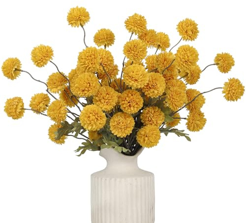 DuHouse 6pcs Artificial Flowers Faux Silk Pompon Mum,Silk Small Mini Chrysanthemum Ball with Stems for DIY Wedding Bouquets Centerpieces Vase Home Table Kitchen Decorations