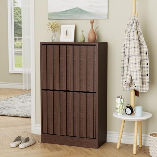 UEV Mueble Zapatero de Entrada con 2 Cajones de Diseño Rayado, Armario para Zapatos de Salón Combia con Elegancia y Practicidad, Estable y Seguro con Diseño Antivuelco, 52 x 24 x 86,5 cm, Nogal