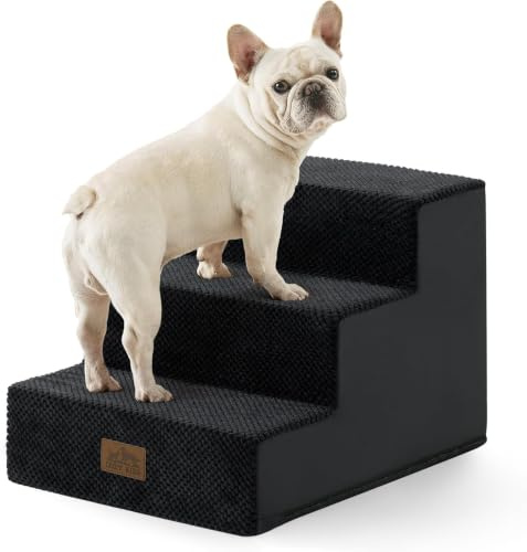 COZY KISS Hundetreppe für Kleine Hunde, 3 Stufen Breiter Haustiertreppe | Katzentreppe mit abnehmbarem bezug, 60cm hoch, 30D hochdichtem schaumstoff,für bett couch auto,rutschfester boden, Black