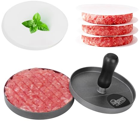 Rsiynax Burger Press Patty Maker, Non-Stick Aluminum Hamburger Mold with 100 Patty Papers for Kitchen Grill BBQ Camping
