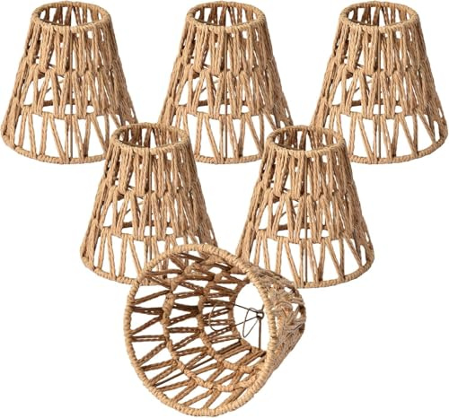 6er Set Clip Rattan Lampenschirme klein in Empire-Form aus handgewebtem Jute (8×15×14.5 cm), Boho Lampenschirm Ersatz für Kronleuchter, Wandleuchten & Tischlampen