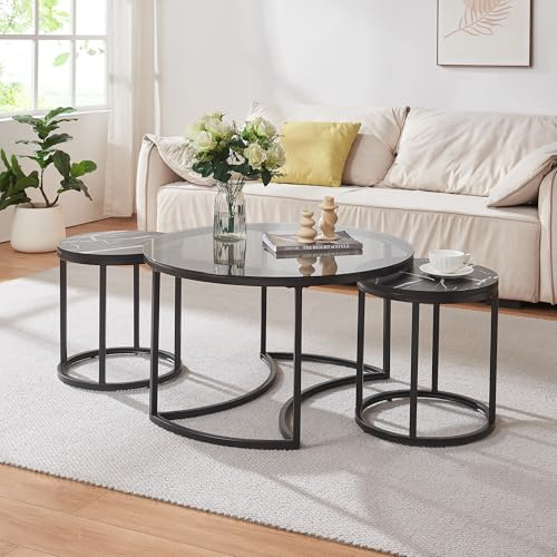 [en.casa] Couchtisch Kokkola 3er Set Wohnzimmertisch rund Beistelltisch Schwarz Tischplatte aus Glas und MDF Kaffeetisch Metallgestell Satztisch Sofatisch Rauchglas/Marmoroptik, schwarz