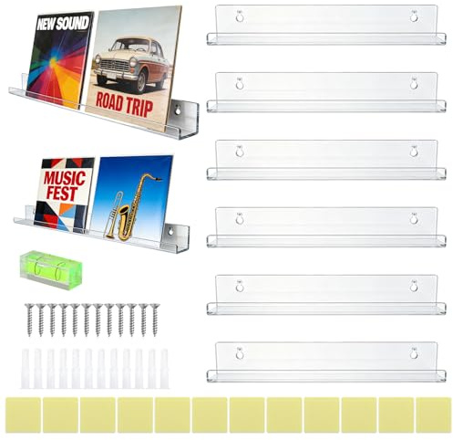 Yuaerbuo 6 Pcs Clear Acrylic Shelves with a Spirit Level, 12×1.7×1.7in Picture Shelf Ledge Adhesive Shelves for Wall for Album Record, Books/Pictures, Toys Display