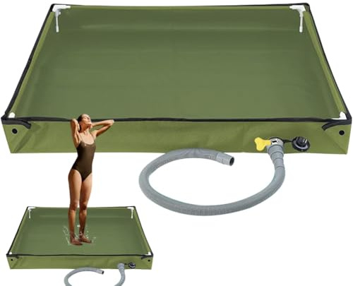 Foldable Shower Base, Portable Shower Tray with Drain Pipe, 80x80x10cm Durable Oxford Waterproof Tent Awning Floor, Camping Shower Base for Indoor Outdoor Shower (Dark Green)
