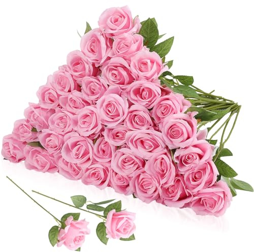 saerryor 36 Pcs Artificial Roses with Long Stems,Fake Silk Rose(Light Pink)