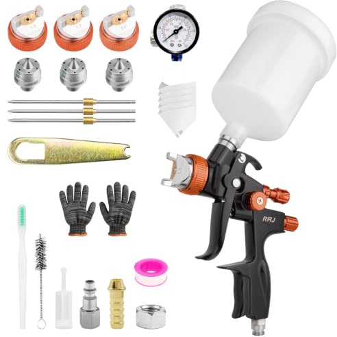 HVLP Lackeringspistol, sprutpistolsats med 3 munstycken 1,3 mm/1,7 mm/2,0 mm, professionell färgsprutpistol gravitationssprutor med 600 ml plastmugg, tryckmätare