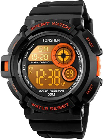 TONSHEN Grande Digital Reloj Hombre Deportivo Impermeable 50M Resistente al Agua Multicolor LED Luz Multifuncional Outdoor Militar Electrónica Plastico Relojes de Pulsera y Goma Correa (Naranja)