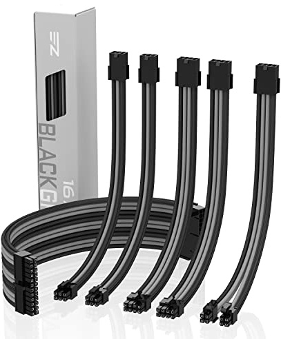 EZDIY-FAB Sleeved Cable - Rallonge de câble pour l'alimentation avec Manchon Extra-Large 24 Broches 8 Broches 6 pin 4+4 Broches avec Combs-Noir et Gris