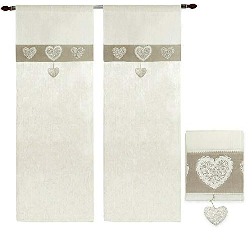 emmevi Tende Finestre Porta Interno Tessuto Lino Semitrasparente Coppia 2 Pz più Misure Shabby Chic MOD.Tenda Cuori 1 CONF 60X240