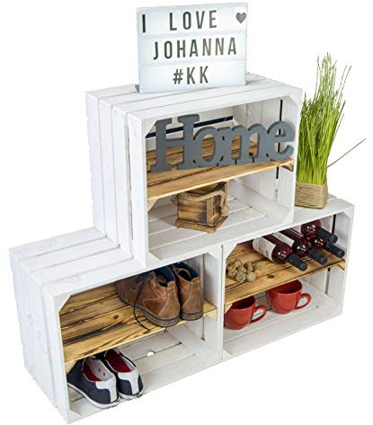 3 x Schuhschrank Schuhregal aus weiss lasierten Holzkisten mit geflammten längsbrettern mit 3 Ablagen Schuhablage für 12 Paar Schuhe als Schuhaufbewahrung aus Holz Maße 50x40x30cm (je kiste)