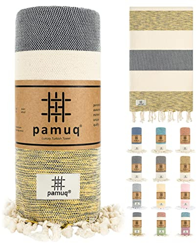 pamuq® Strandtuch XXL – Hamamtuch, Saunatuch, Badetuch & Duschtuch aus Baumwolle, handgemacht, leicht, saugstark, schnelltrocknend, Oeko-TEX® Zertifiziert, Yogatuch, Pareo, Pestemal gelb-schwarz