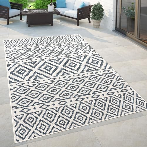 Paco Home In- & Outdoor Teppich Balkon Terrasse Orientalisch Skandi Designs Kreis Muster, Grösse:160x220 cm, Farbe:Blau