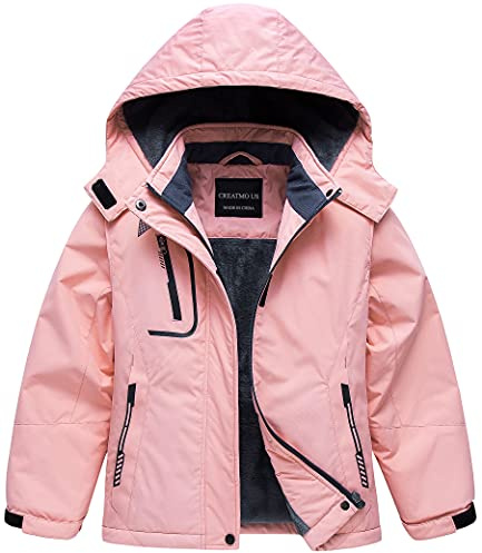 CREATMO US Girls Ski Jacket Waterproof Ski Suit Snowboard Jackets Snow Winter Mountain Rain Jacket Pink 14/16