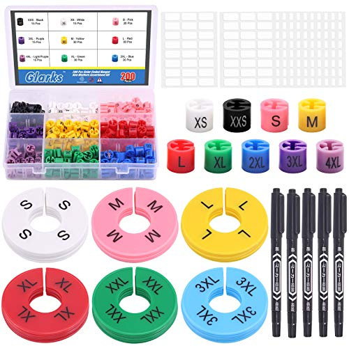 Glarks Juego de 236 marcadores de tamaño de percha de 9 colores, XXS a 4XL, color y 6 colores, de S a 3XL, con 12 etiquetas blancas utilizadas para perchas de alambre.
