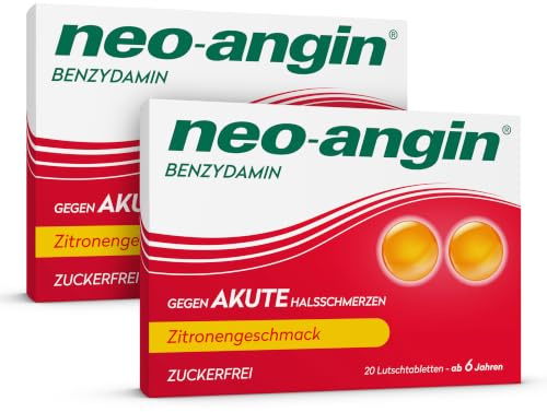 neo-angin Benzydamin gegen akute Halsschmerzen | Lutschtabletten mit Zitronengeschmack für Erwachsene & Schulkinder | zuckerfrei | Sparset mit 2 x 20 Stück | Bekämpft die Entzündung im Mund und Rachen, nimmt akut den Schmerz, hält stundenlang, lindert Schluckbeschwerden