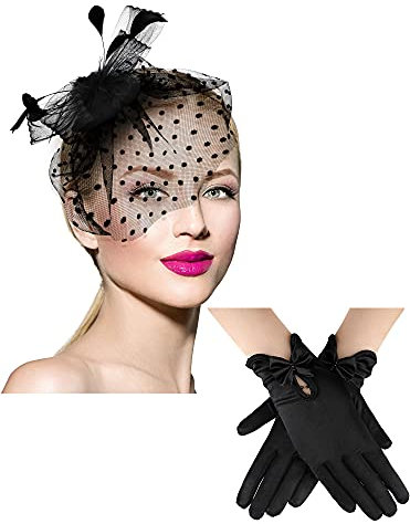Geyoga 50er Jahre Damen Fascinator Hut Spitzen Handschuh