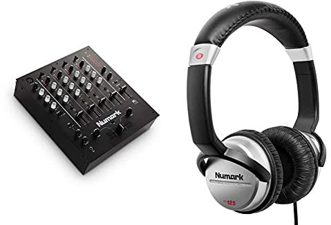 Numark M6 USB – Table de Mixage DJ 4 Voies pour Platine DJ avec Interface Audio/Carte son Intégrée & HF125 – Casque Professionnel pour DJ Ultra-Portable avec Câble de 1,8 m, Haut-Parleurs 40 mm