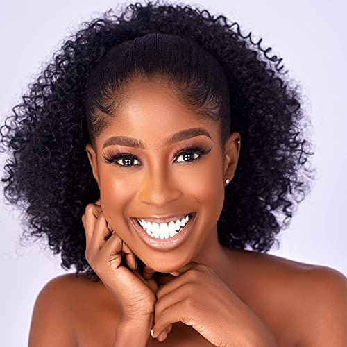 CECINILL Afro Puff kinky curly dragsko ponnytail förlängning för svart kvinnor syntetiska kort Afro Kinkys Curly Afro Bun Extension hårdelar Updo hårförlängningar med två klämmor (1B)