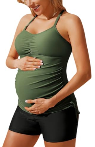 Maternity Swimwear Bikini Set Vintage Tank Top with Boyshorts Swimwear Army Green Solid 2XL