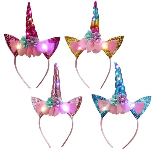 XineYuor 4PCS LED Einhorn Haarreif,Leuchtend Einhorn Stirnband Haarband,Unicorn Einhorn Horn Haarreif Kinder,Haarschmuck für Geburtstag Geschenk Karneval, Ostern Geburtstag Birthday Party