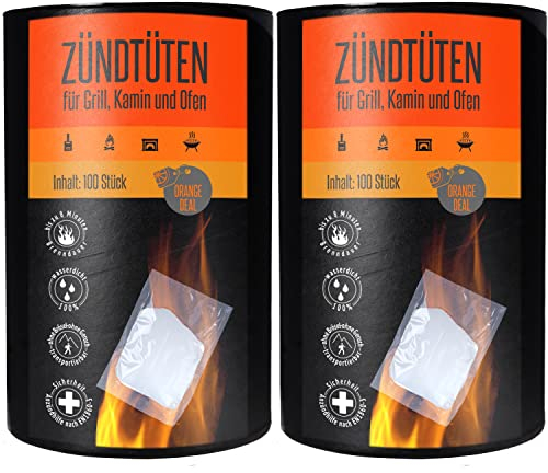 2x100 Zündtüten in der Dose geruchsfreie wasserfeste Grillanzünder - Kaminanzünder (Fire Starter) für Grill (Holzbriketts, Grillkohle), Kamin (Kaminanzünder) oder Ofen zum sicheren Anzünden.