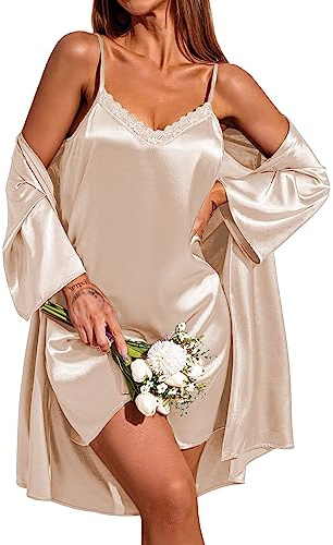 Ekouaer Abito da donna in raso con camicia da notte sexy Set vestaglia in due pezzi Babydoll Sleepwear champagne XL