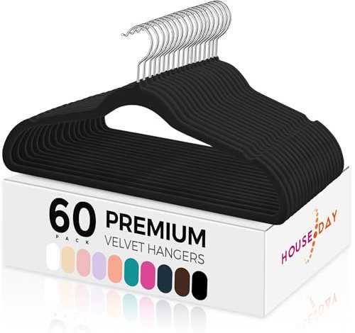 HOUSE DAY Kleiderbügel Samt 60 Stück, Kleiderbügel Platzsparend Filz Bügel - Rutschfester, Premium Schwarzer Anzugbügel, 360° Drehbarer Haken, Schwarz