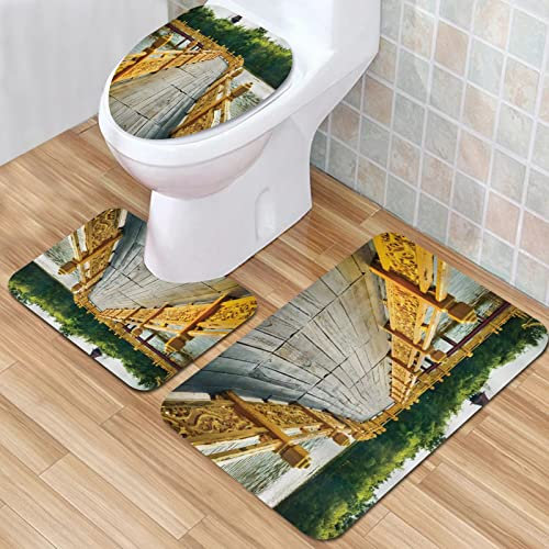 IUBBKI Badezimmermatte, rutschfeste Badematte, Landschaftsbrücke, Holz, warmer Ton, Touristenattraktionen, Fluss, Badematten-Set, 3-teilig, saugfähig, rutschfest, Badematte, WC-Vorleger, Badteppich