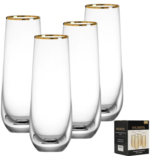 WIEJDEOOL Champagne Flutes Set of 4, Gold Rimmed Champagne Glasses 9 OZ Hand Blown Elegant Flutes for Wedding Gift