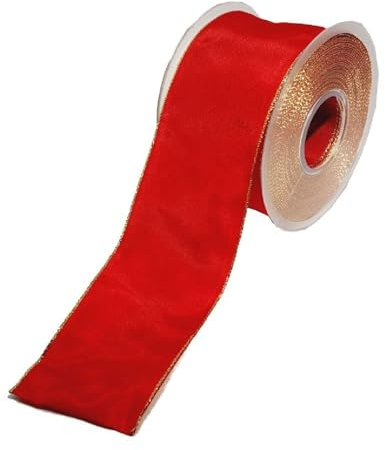Decpero Breites Band mit Goldener Drahtkante I rot I Breite 70 mm I Länge: 25 Meter