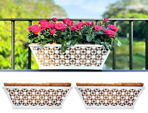 Maxona Wall Hanging Planter, 2 Pack, 16 Inch Railing Planter Window Box with Coconut Coir, White Metal Garden Balcony Plant Basket Outdoor Deck Patio Rail Fence House Horse Trough Porch