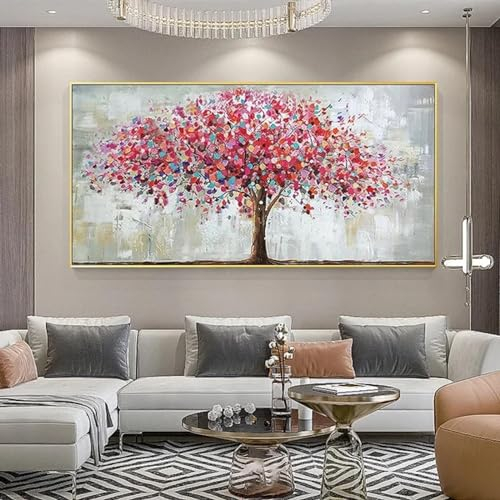 CBZKTR Große Größen, rote, bunte Geldbaum-Wandposter, Ölgemälde auf Leinwand, Gemälde für Wohnzimmer, Schlafzimmer, Dekoration, 100 x 200 cm/(39 x 78 Zoll) mit goldenem Rahmen
