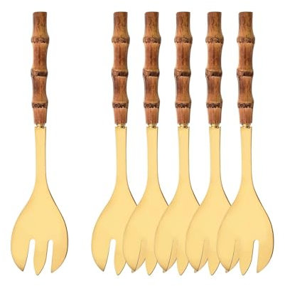 6Pcs Bamboo Handle Salad Spoon Fork Dinnerware Set Stainless Steel Kitchen Food Server Utensils Gold Tableware Restaurant Tools (Color : Gold Service Spork)