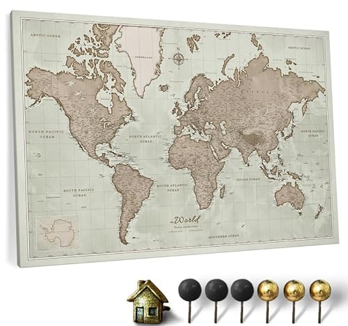 Hochwertige Canvas Weltkarte mit Kork-Pinnwand - Deutsche Beschriftung - Dekorative Wanddeko für alle Zimmer - Leinwandbilder mit Weltkarte Motiv (120x80 cm, Muster 19 Deutsch)