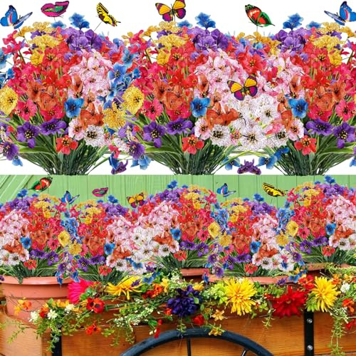 16 Bündel Kunstblumen Outdoor Künstliche Blumen Künstliche Balkonpflanzen Künstliche Pflanzen wie Echt UV-beständige Kunstpflanzen Außenbereich Plastik Blumenstrauß für Garten Haus Balkonkasten Dekor