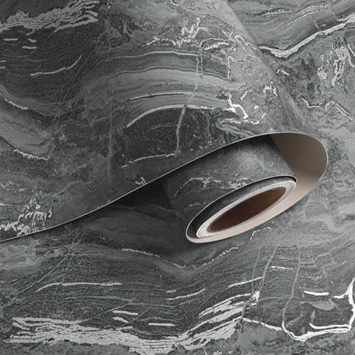VaryPaper Black Grey Marble Effect Self Adhesive Vinyl Wallpaper 40cmx200cm Removable Contact Paper for Kitchen Countertops Black Marble Vinyl Wrap for Cupboards Worktop Adhesive Table Cover